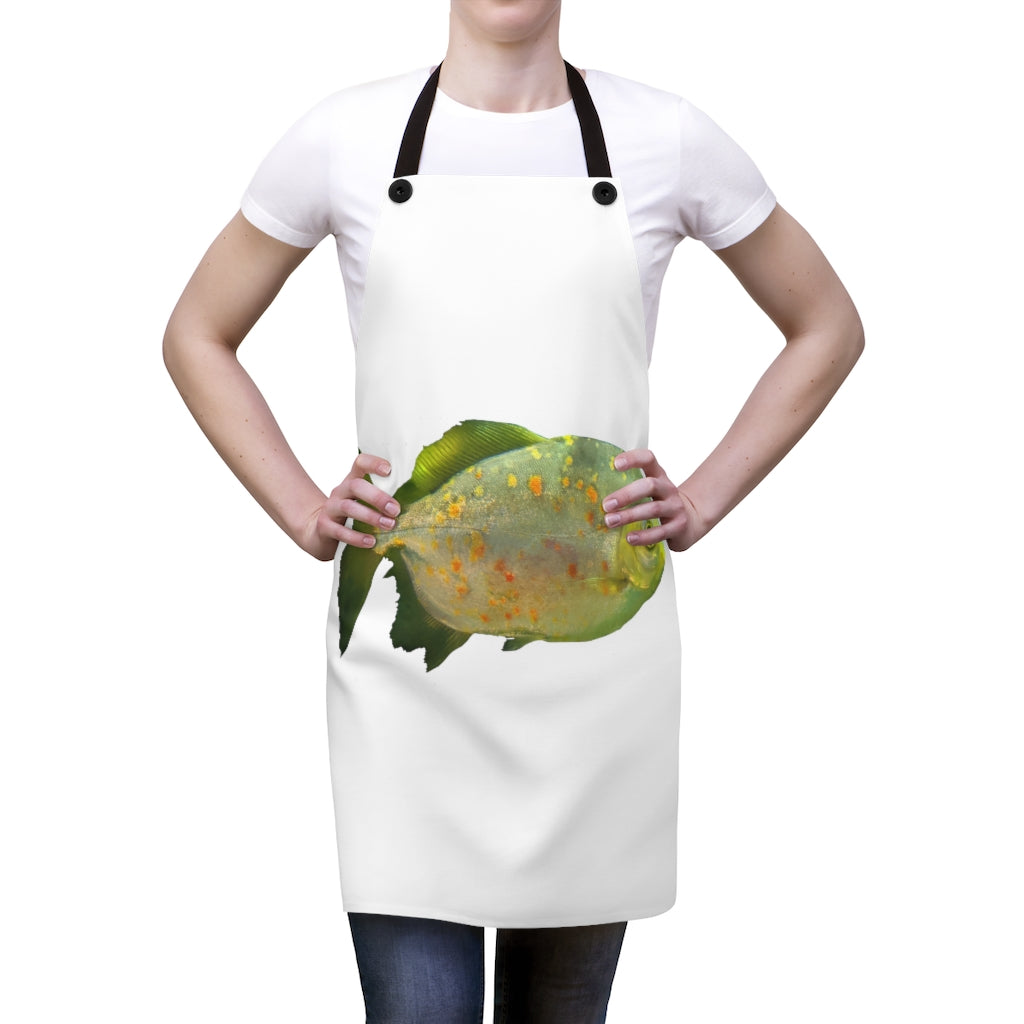 Green Fish with Specs Apron featuring a vibrant design and black detachable twill straps, perfect for cooking.