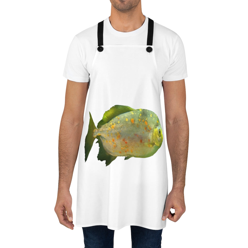 Green Fish with Specs Apron featuring a vibrant design and black detachable twill straps, perfect for cooking.