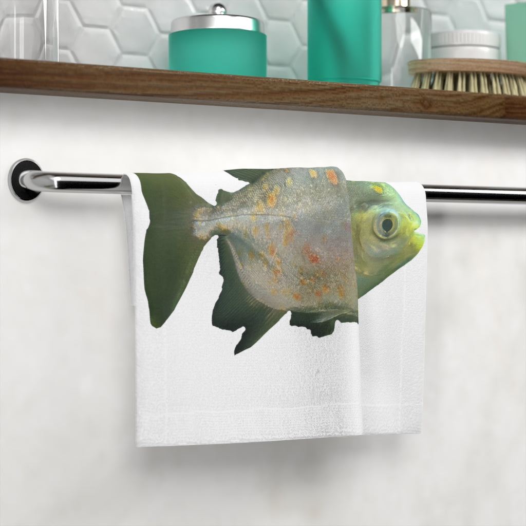 A vibrant green face towel featuring a whimsical fish with glasses design, made from a soft polyester blend and absorbent cotton.