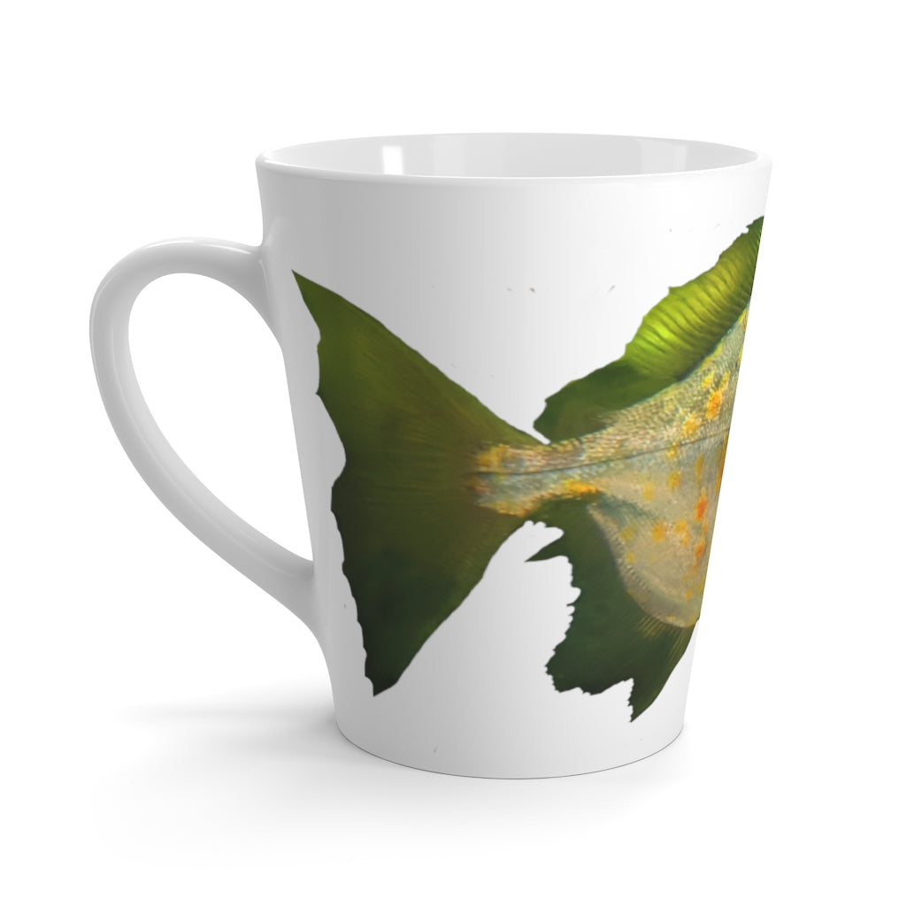 A vibrant green ceramic latte mug featuring a whimsical fish design, perfect for coffee lovers.