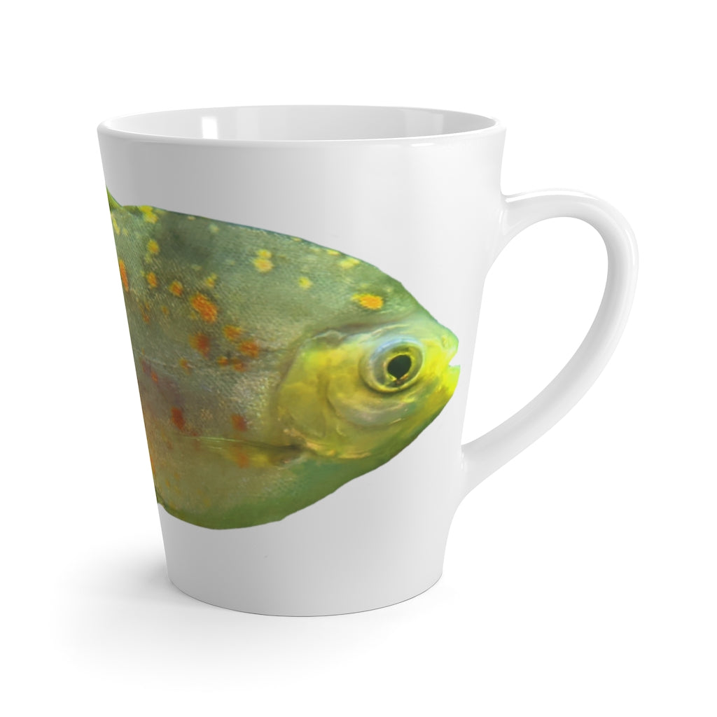 A vibrant green ceramic latte mug featuring a whimsical fish design, perfect for coffee lovers.