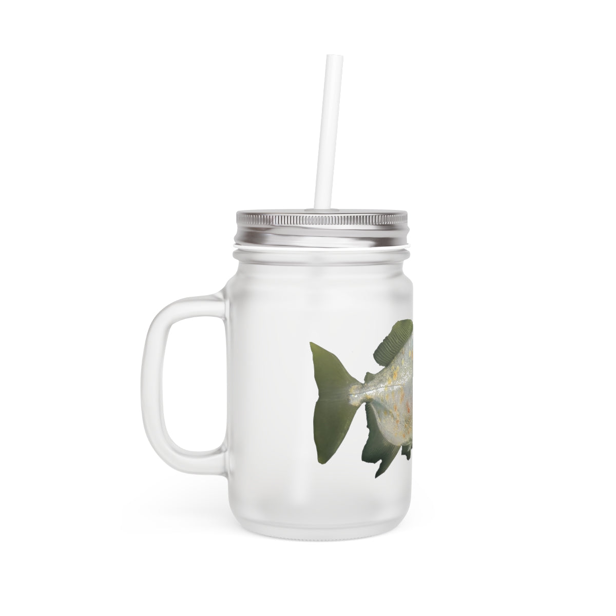 A stylish Green Fish with Specs Mason Jar made of frosted glass, featuring a straw and lid, perfect for personalized beverages.