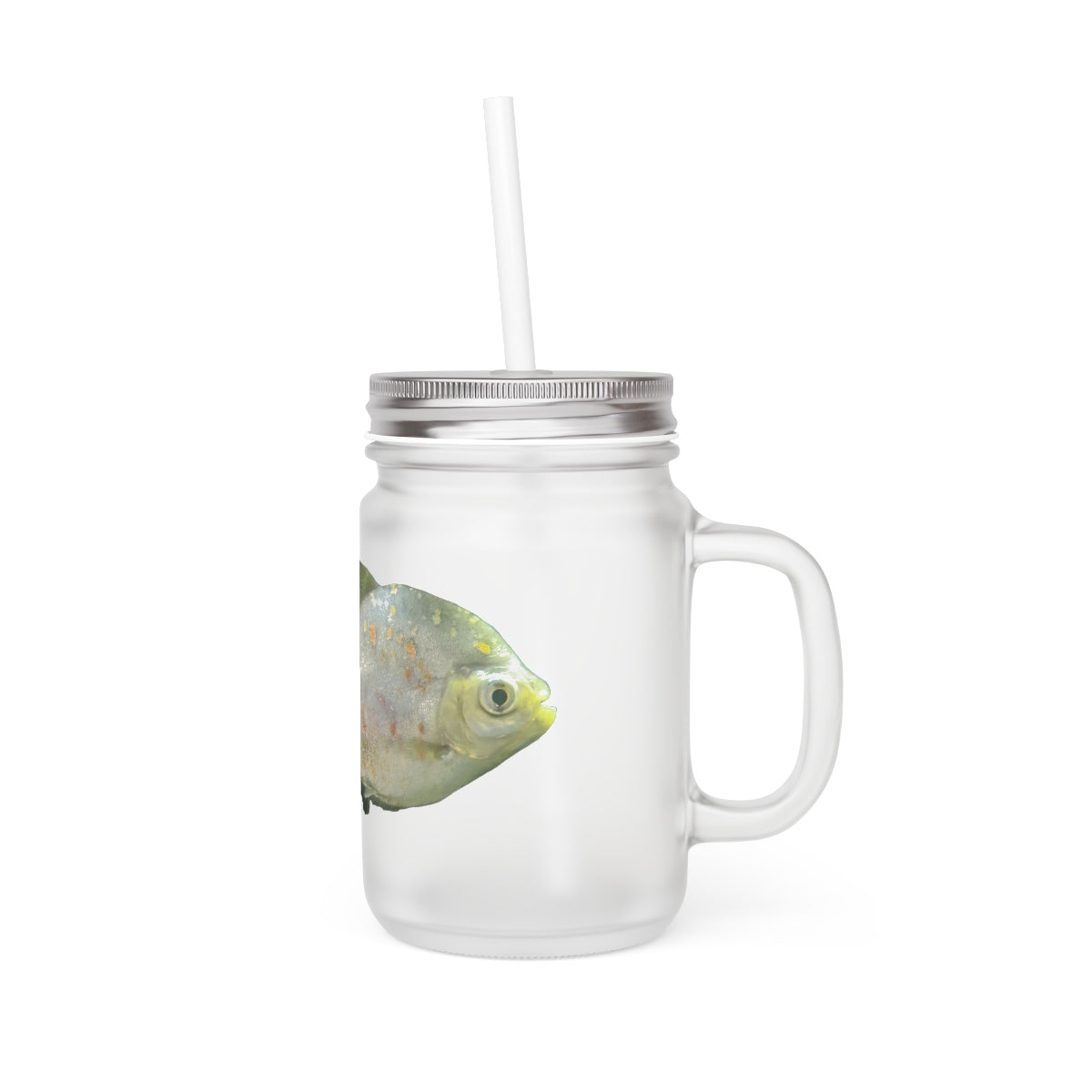 A stylish Green Fish with Specs Mason Jar made of frosted glass, featuring a straw and lid, perfect for personalized beverages.