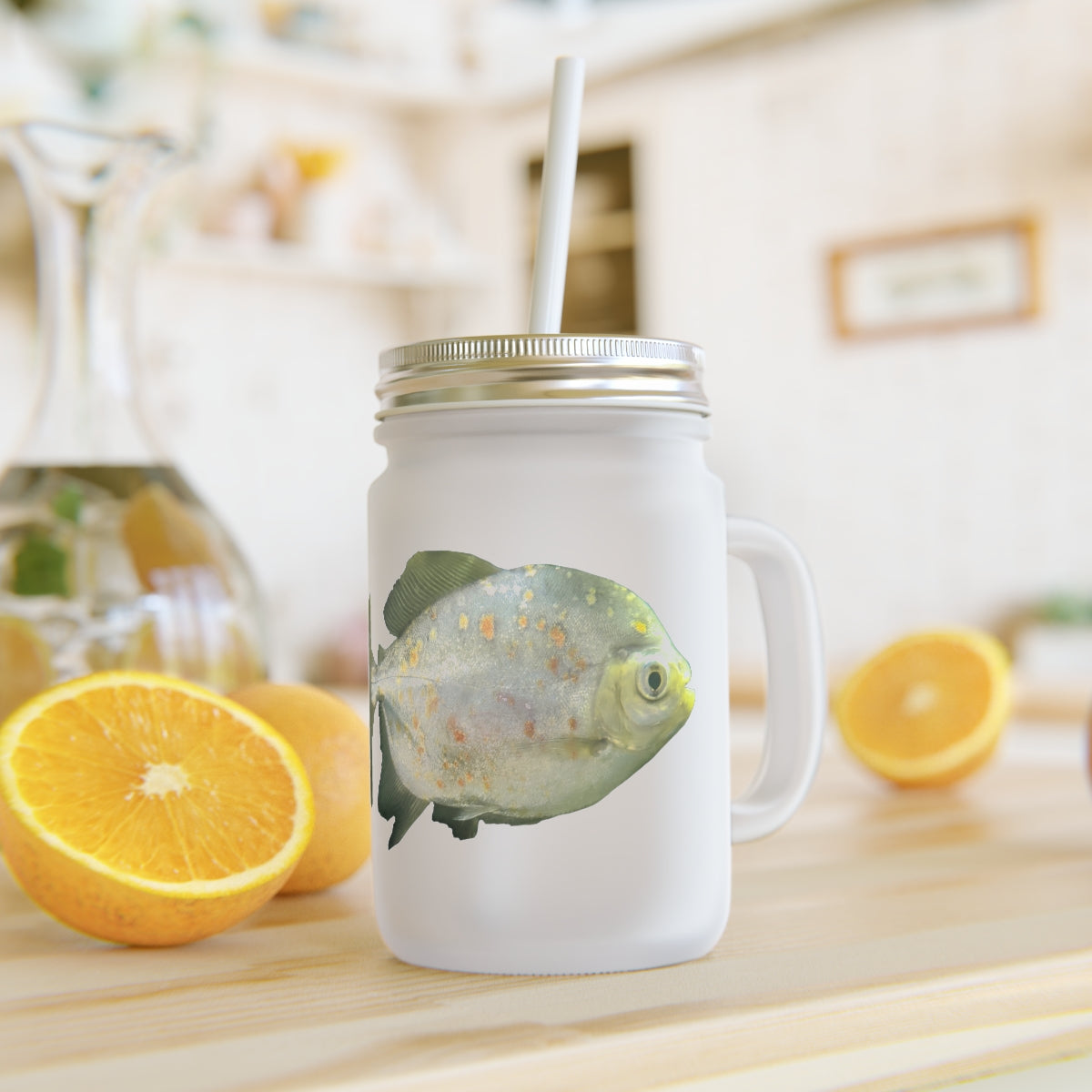 A stylish Green Fish with Specs Mason Jar made of frosted glass, featuring a straw and lid, perfect for personalized beverages.