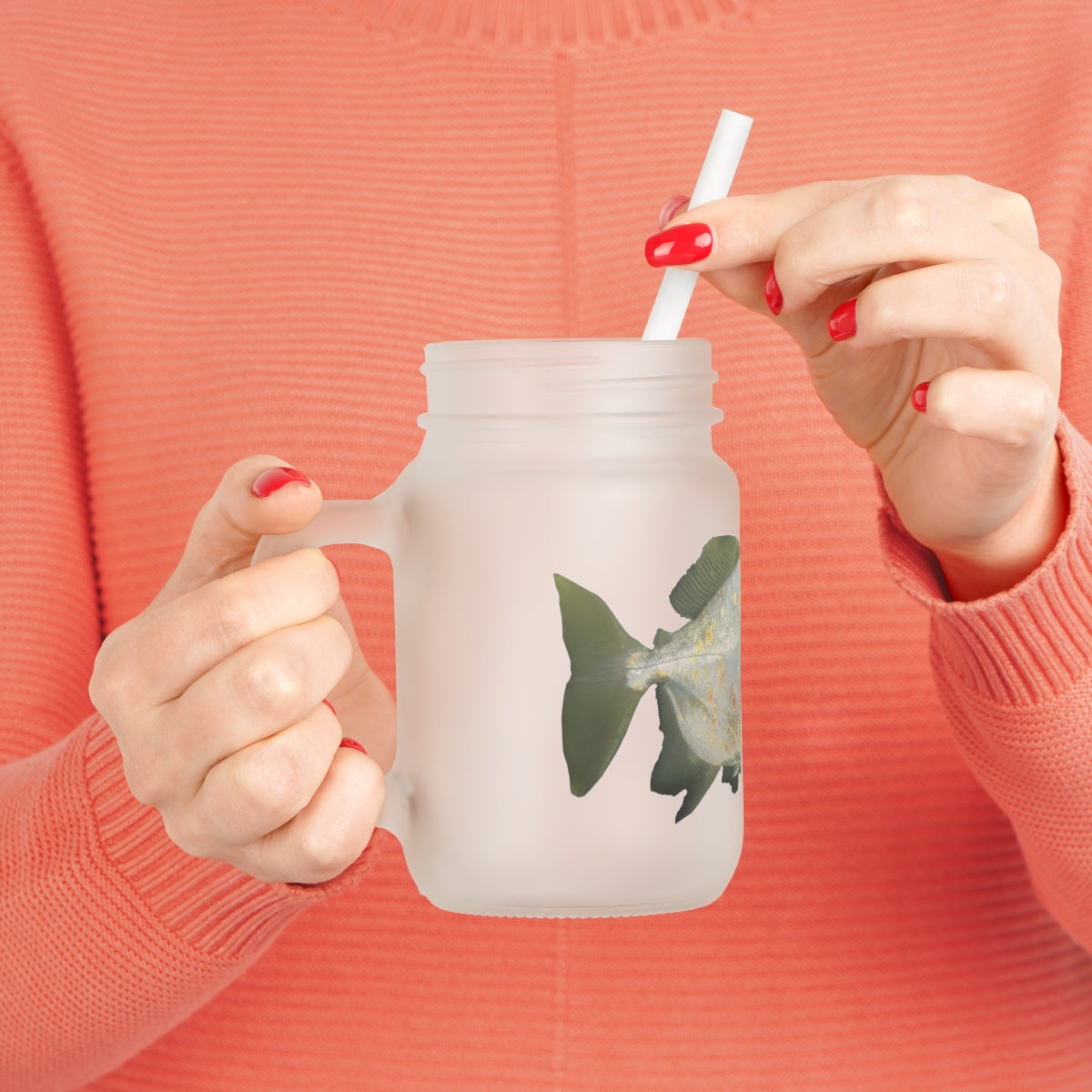 A stylish Green Fish with Specs Mason Jar made of frosted glass, featuring a straw and lid, perfect for personalized beverages.