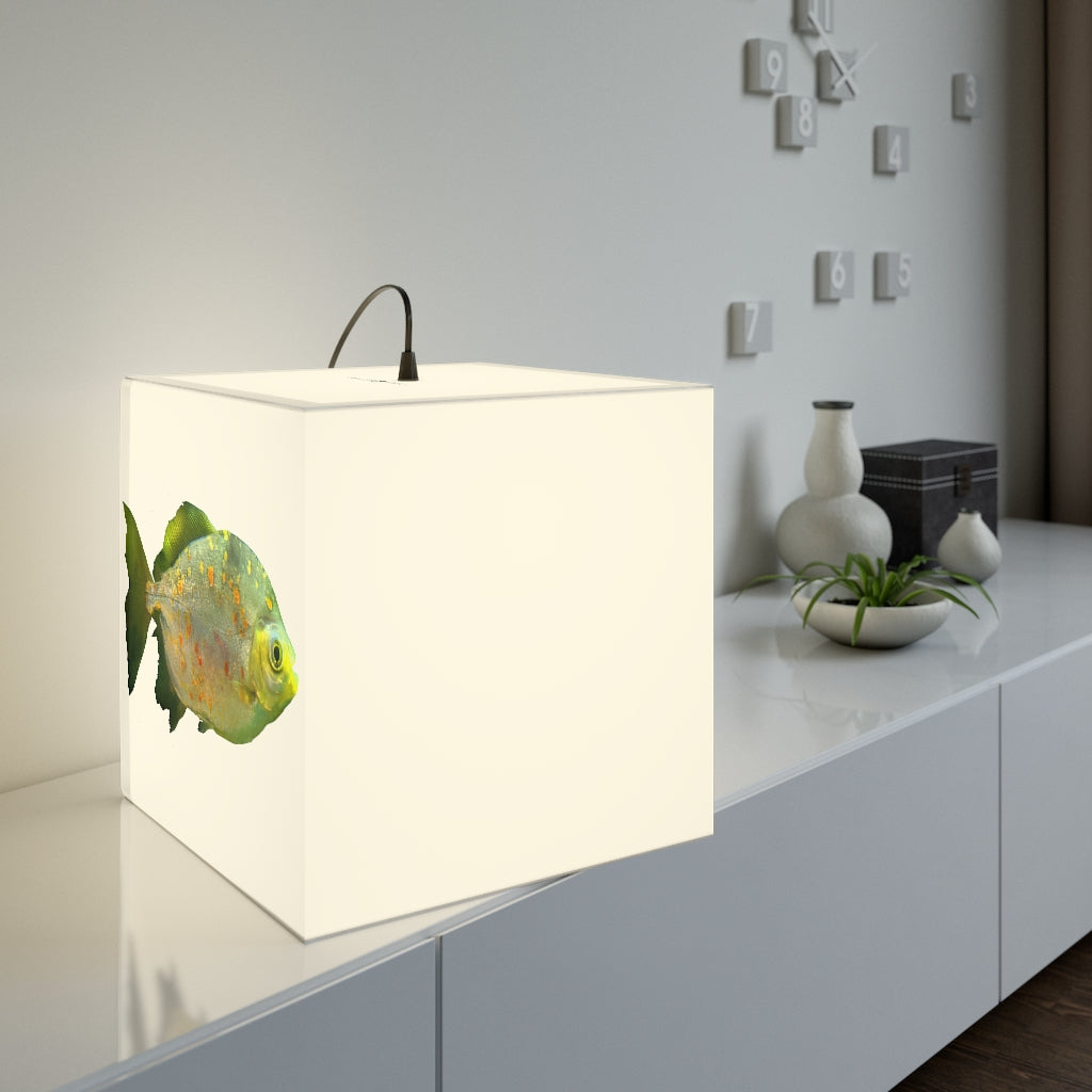 A stylish Green Fish with Specs Personalized Lamp featuring a unique cube design, perfect for indoor decoration and lighting.