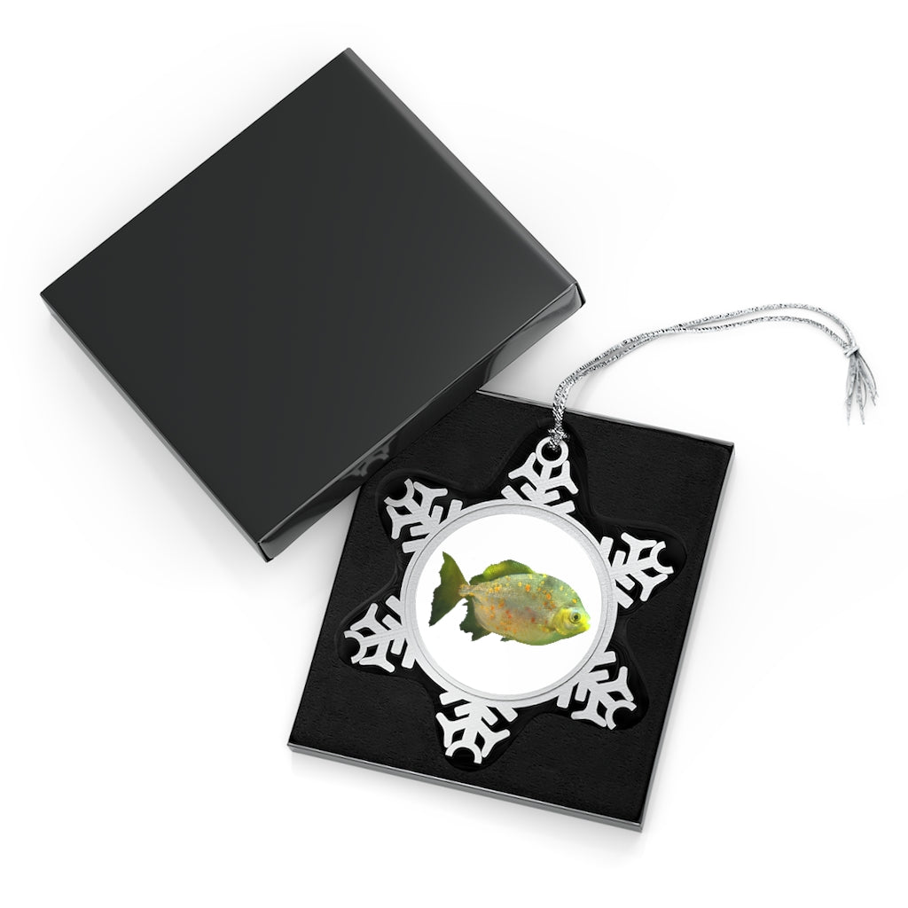 Green Fish with Specs Pewter Snowflake Ornament with silver-toned hanging string, showcasing a unique snowflake design.