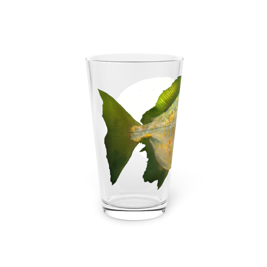 A clear 16oz pint glass featuring a green fish design with specs, perfect for personalized drinks.