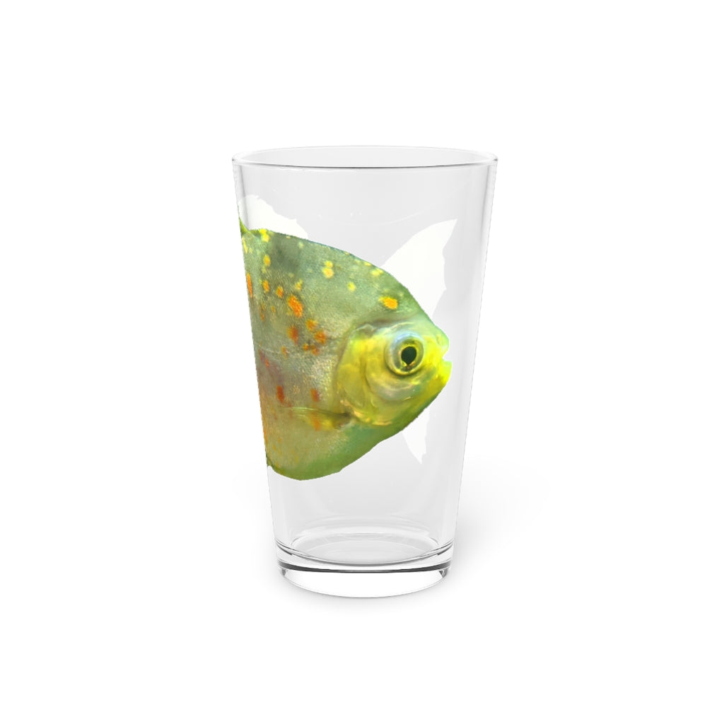 A clear 16oz pint glass featuring a green fish design with specs, perfect for personalized drinks.