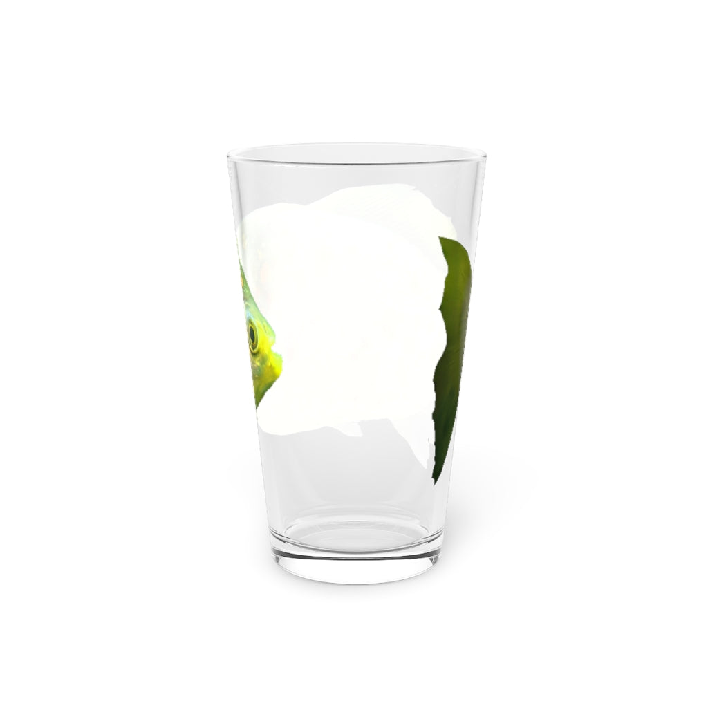 A clear 16oz pint glass featuring a green fish design with specs, perfect for personalized drinks.