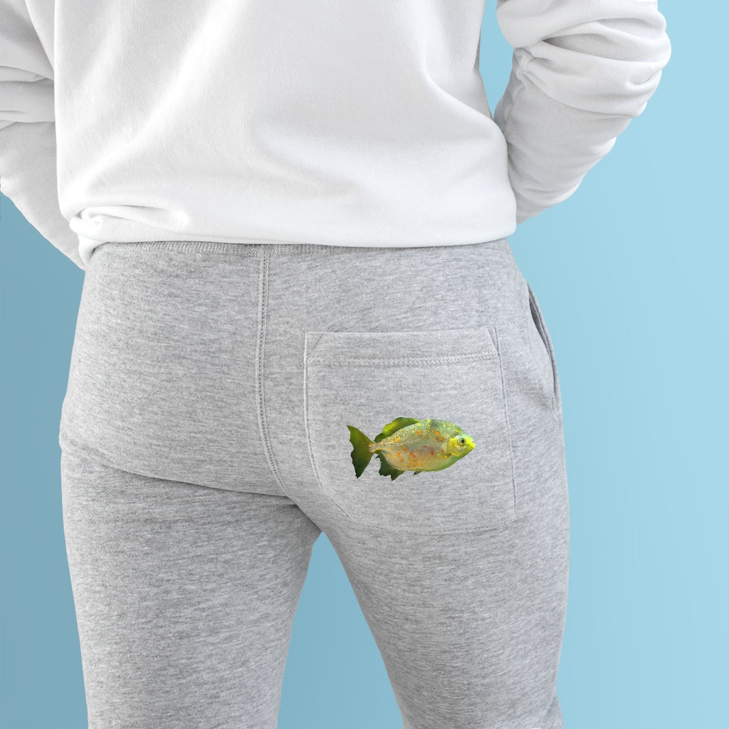 Green Fish Premium Fleece Joggers featuring customizable back pocket and spacious side pockets, made from soft fleece material.