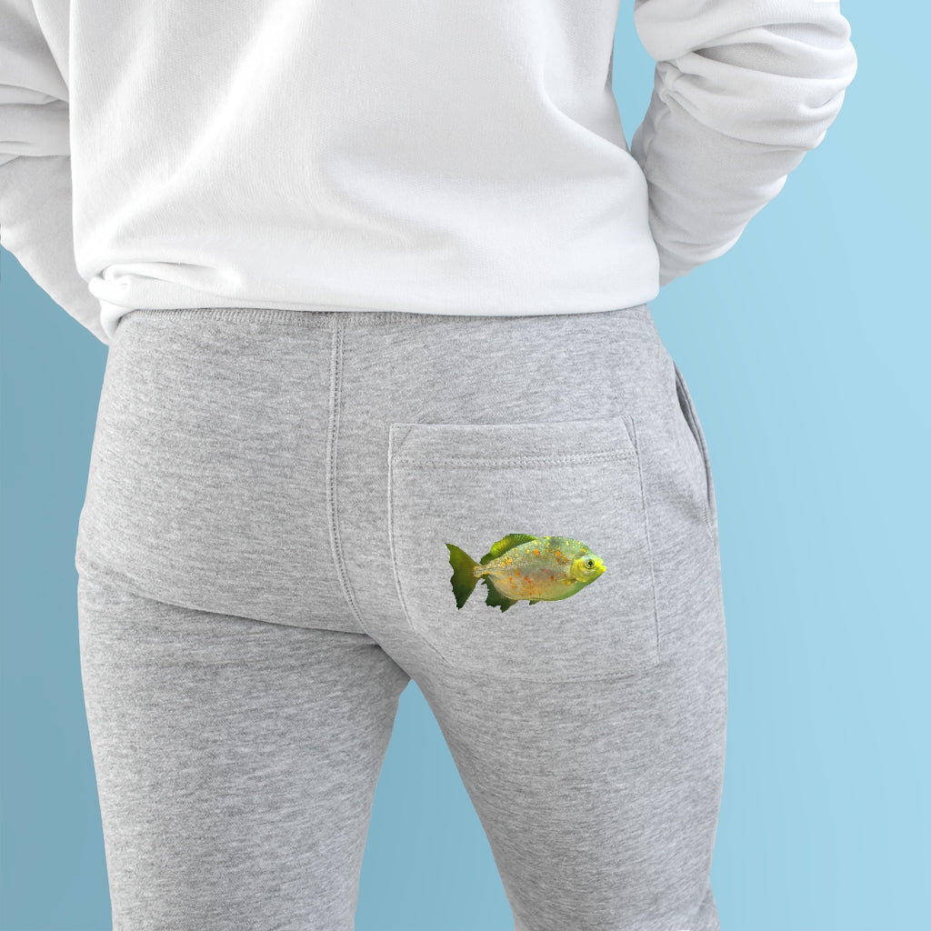 Green Fish Premium Fleece Joggers featuring customizable back pocket and two side pockets, made from soft fleece fabric.