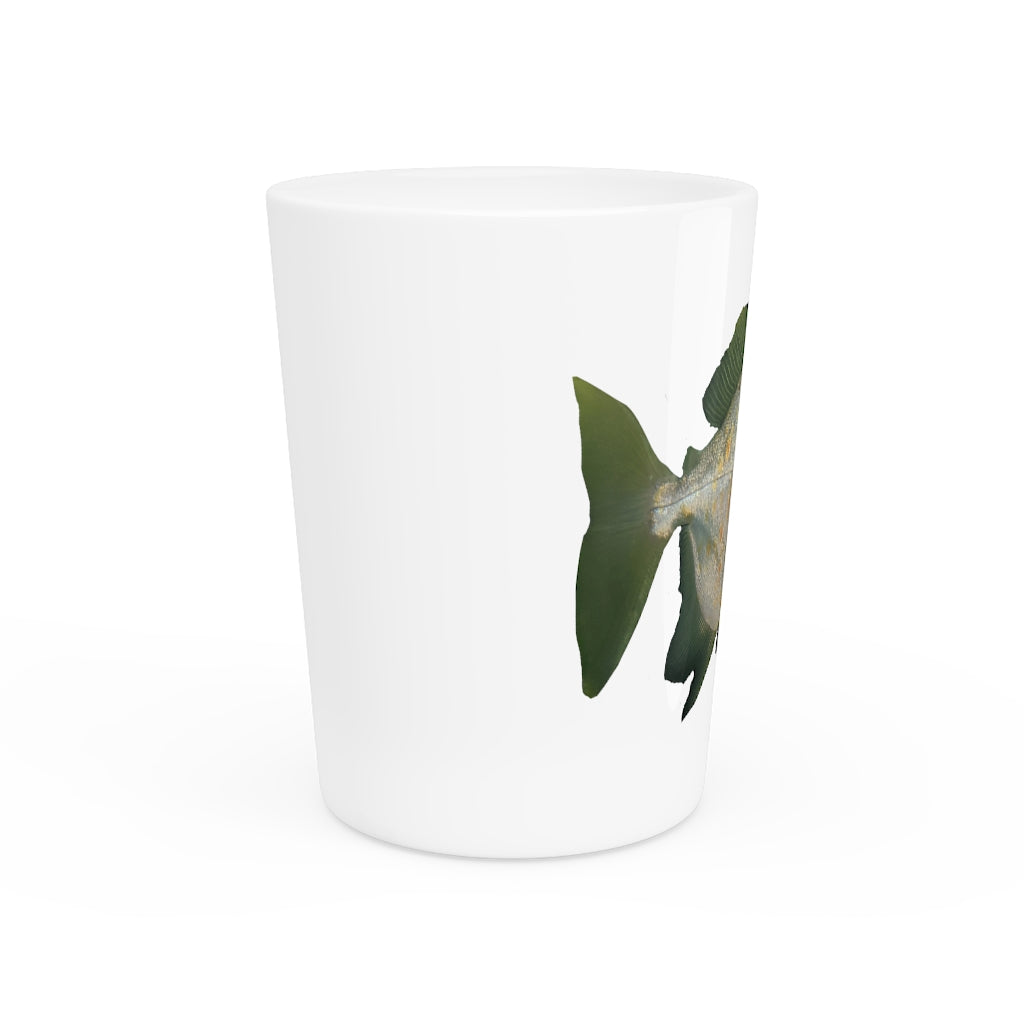 A personalized green fish shot glass with a ceramic finish, featuring a white or black interior, ideal for gatherings and events.