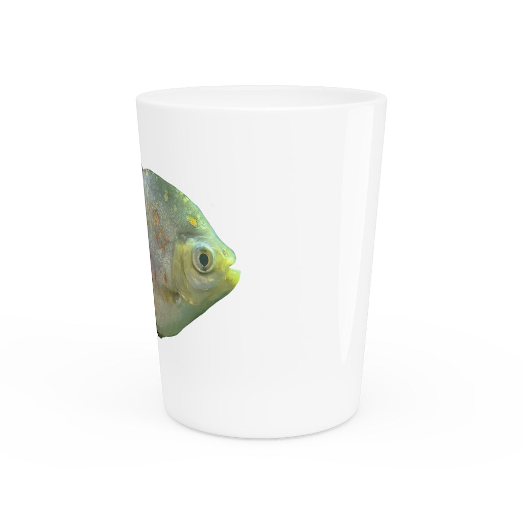 A personalized green fish shot glass with a ceramic finish, featuring a white or black interior, ideal for gatherings and events.