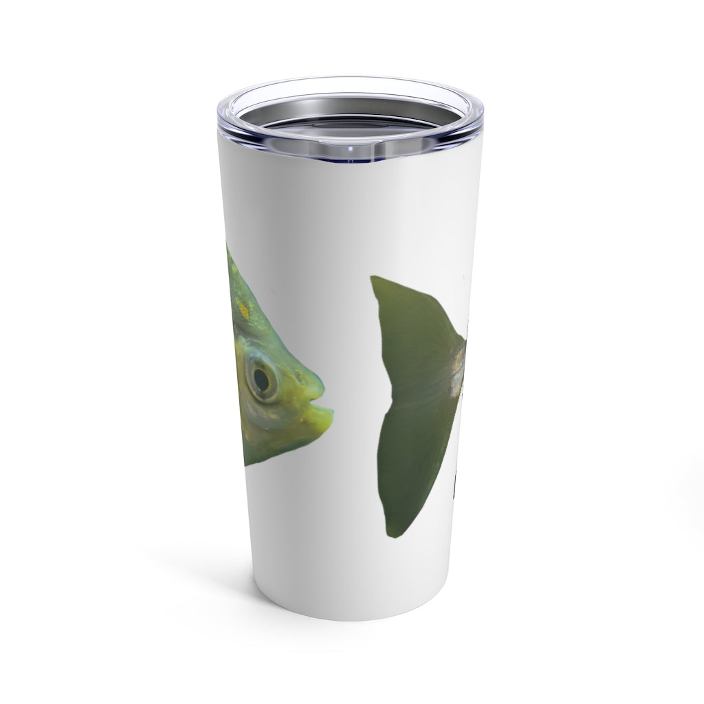 Green stainless steel tumbler with fish design and see-thru lid, perfect for travel and outdoor use.