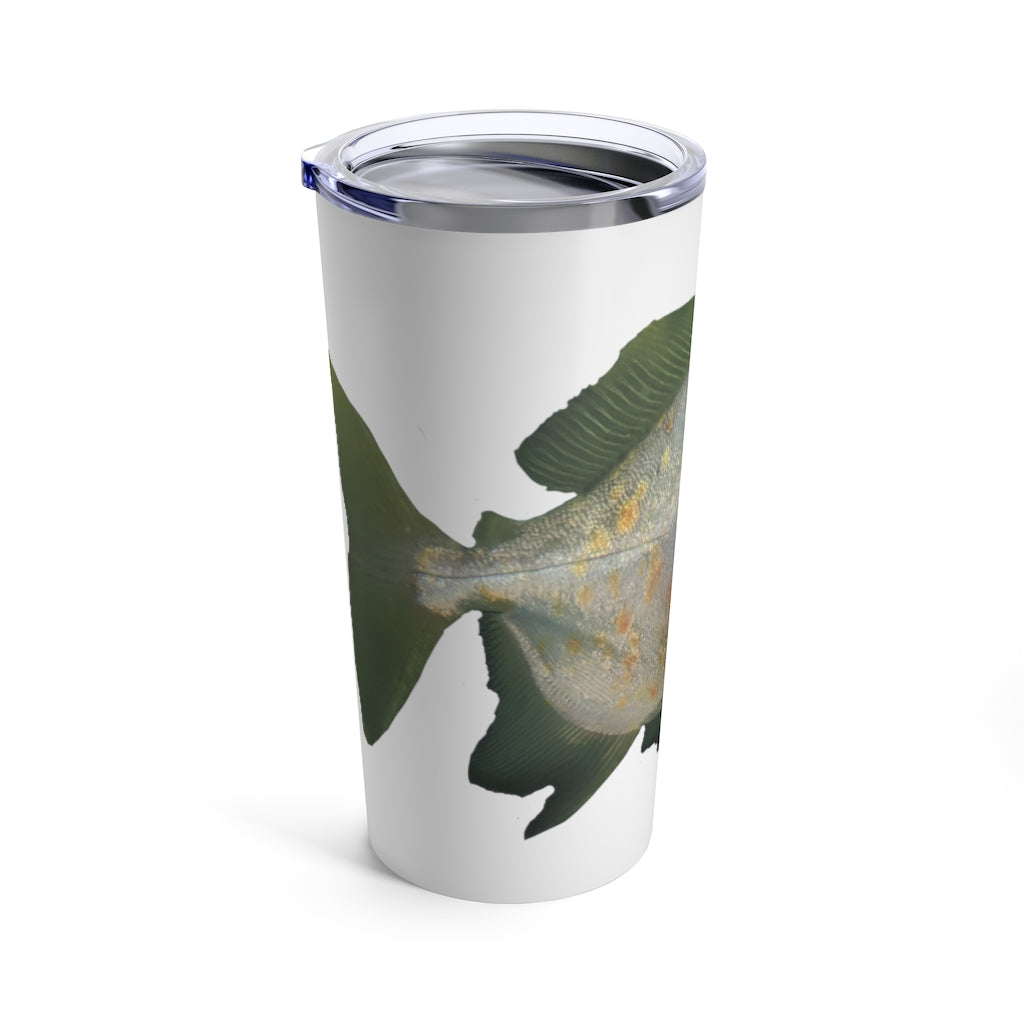 Green stainless steel tumbler with fish design and see-thru lid, perfect for travel and outdoor use.