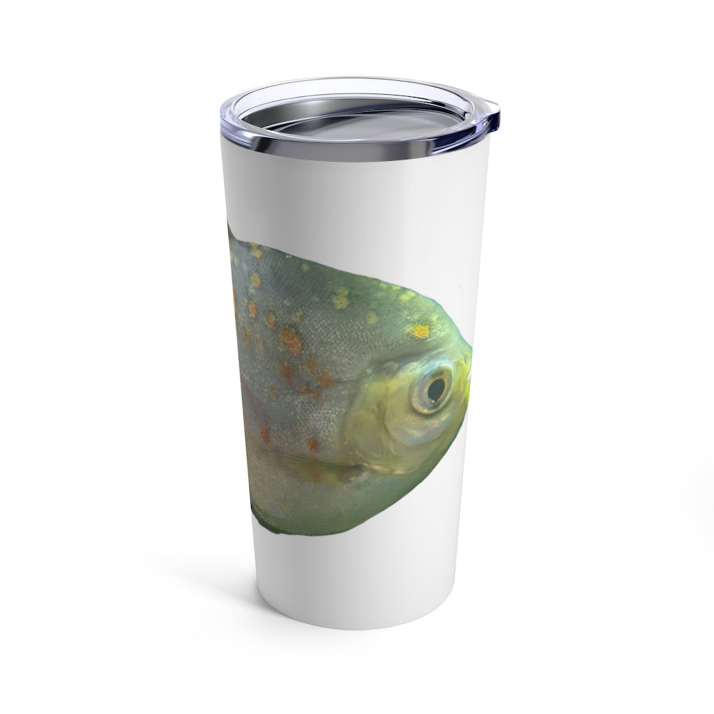 Green stainless steel tumbler with fish design and see-thru lid, perfect for travel and outdoor use.