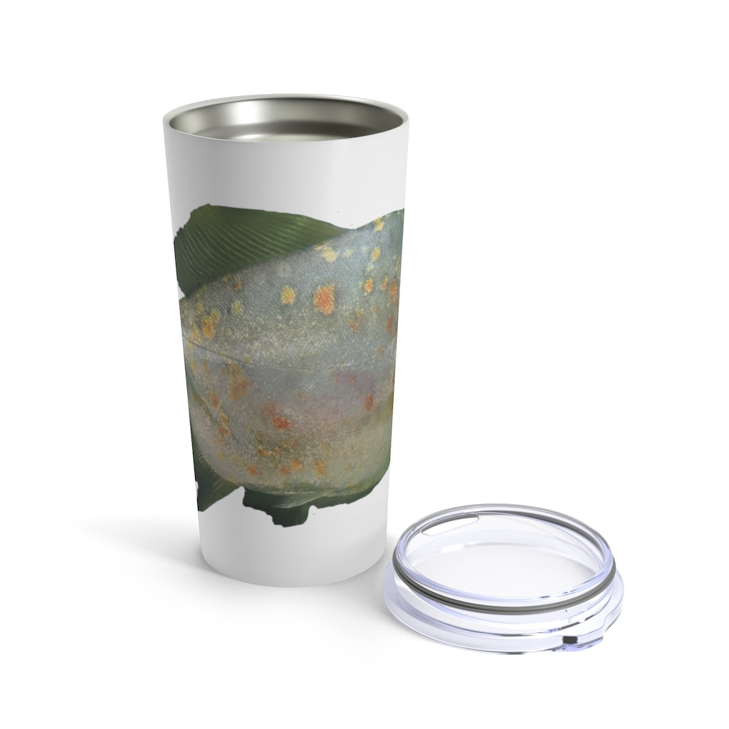 Green stainless steel tumbler with fish design and see-thru lid, perfect for travel and outdoor use.