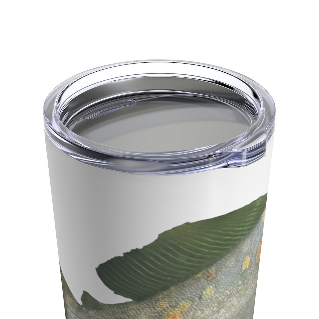 Green stainless steel tumbler with fish design and see-thru lid, perfect for travel and outdoor use.