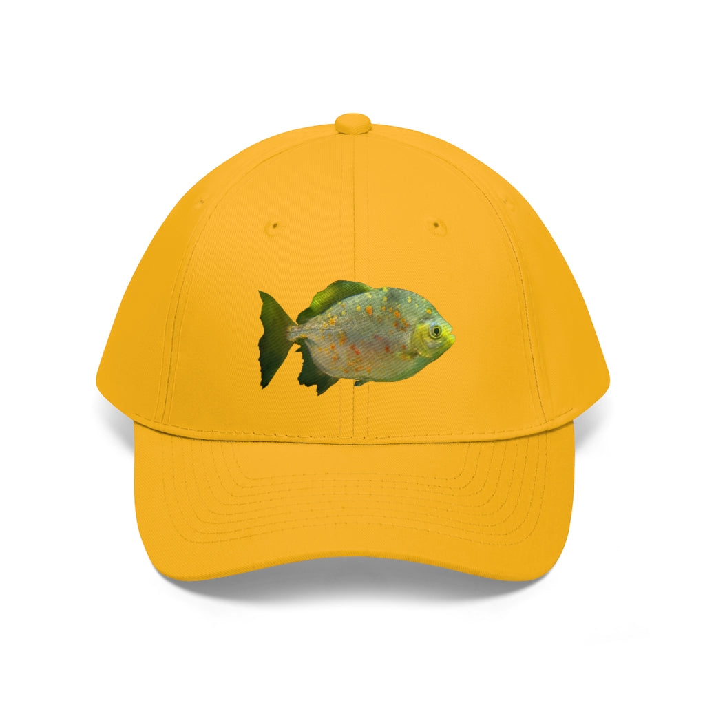 Green Fish with Specs Unisex Twill Hat featuring a playful fish graphic, made of 100% cotton twill with an adjustable Velcro closure.