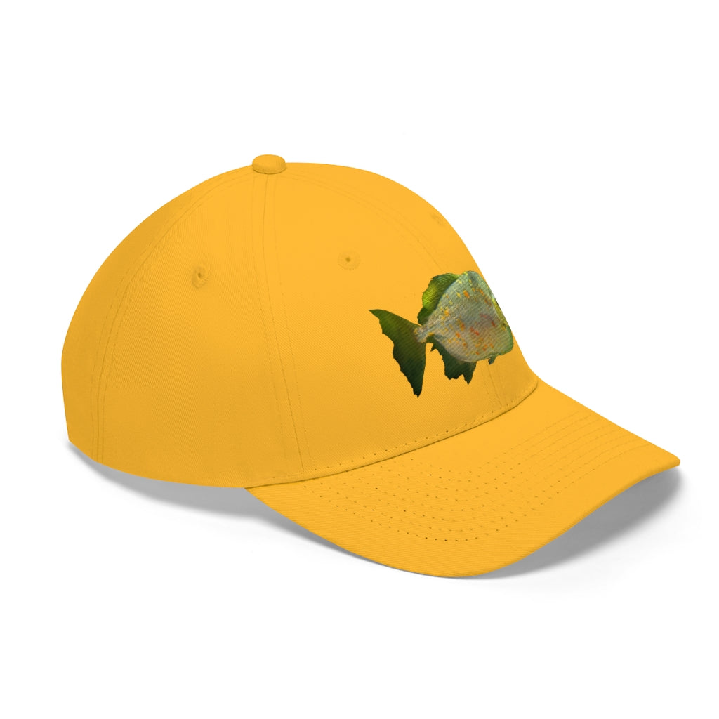 Green Fish with Specs Unisex Twill Hat featuring a playful fish graphic, made of 100% cotton twill with an adjustable Velcro closure.