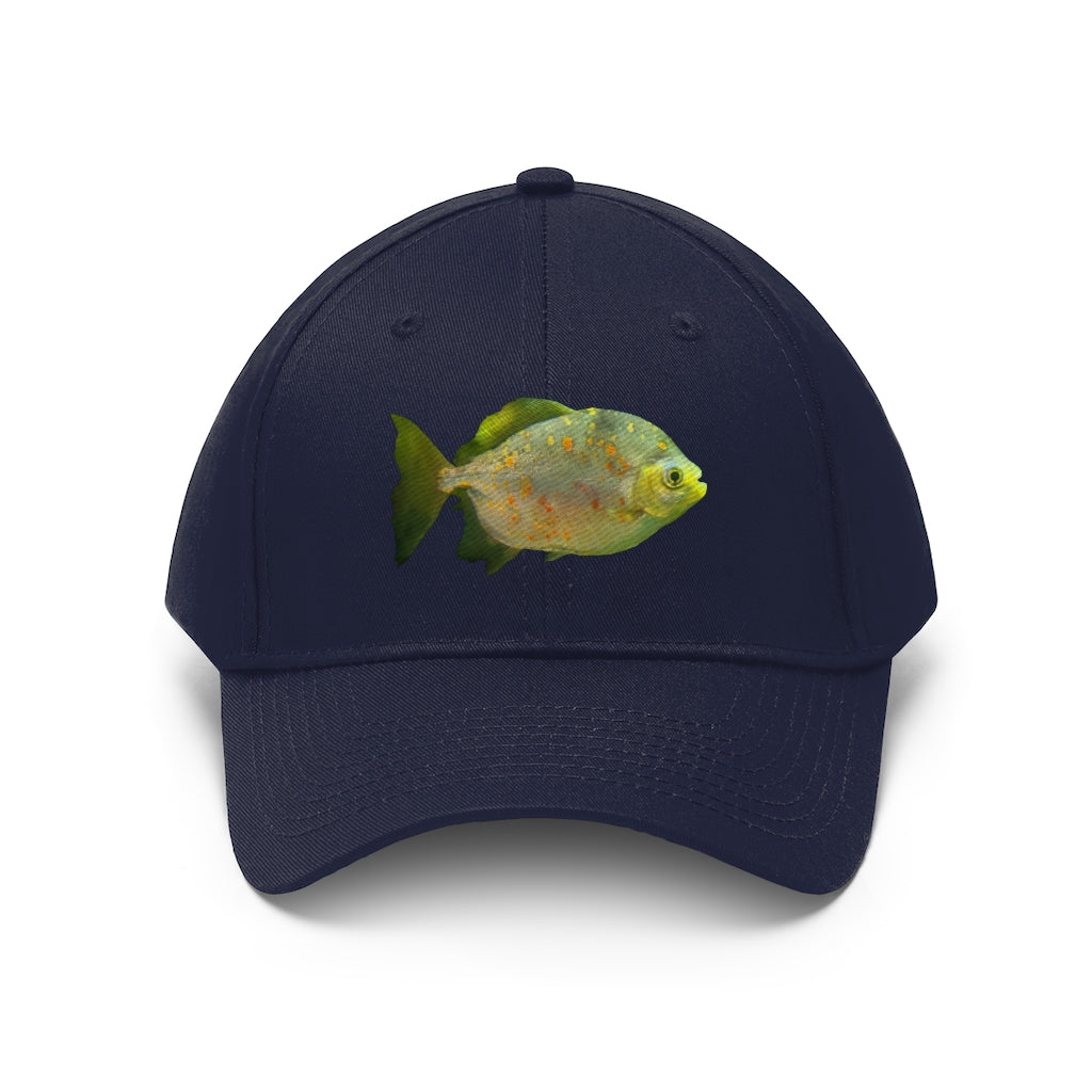 Green Fish with Specs Unisex Twill Hat featuring a playful fish graphic, made of 100% cotton twill with an adjustable Velcro closure.