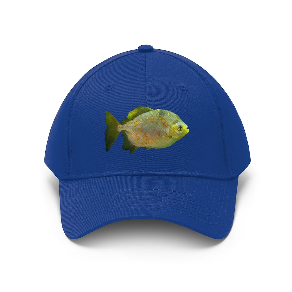 Green Fish with Specs Unisex Twill Hat featuring a playful fish graphic, made of 100% cotton twill with an adjustable Velcro closure.