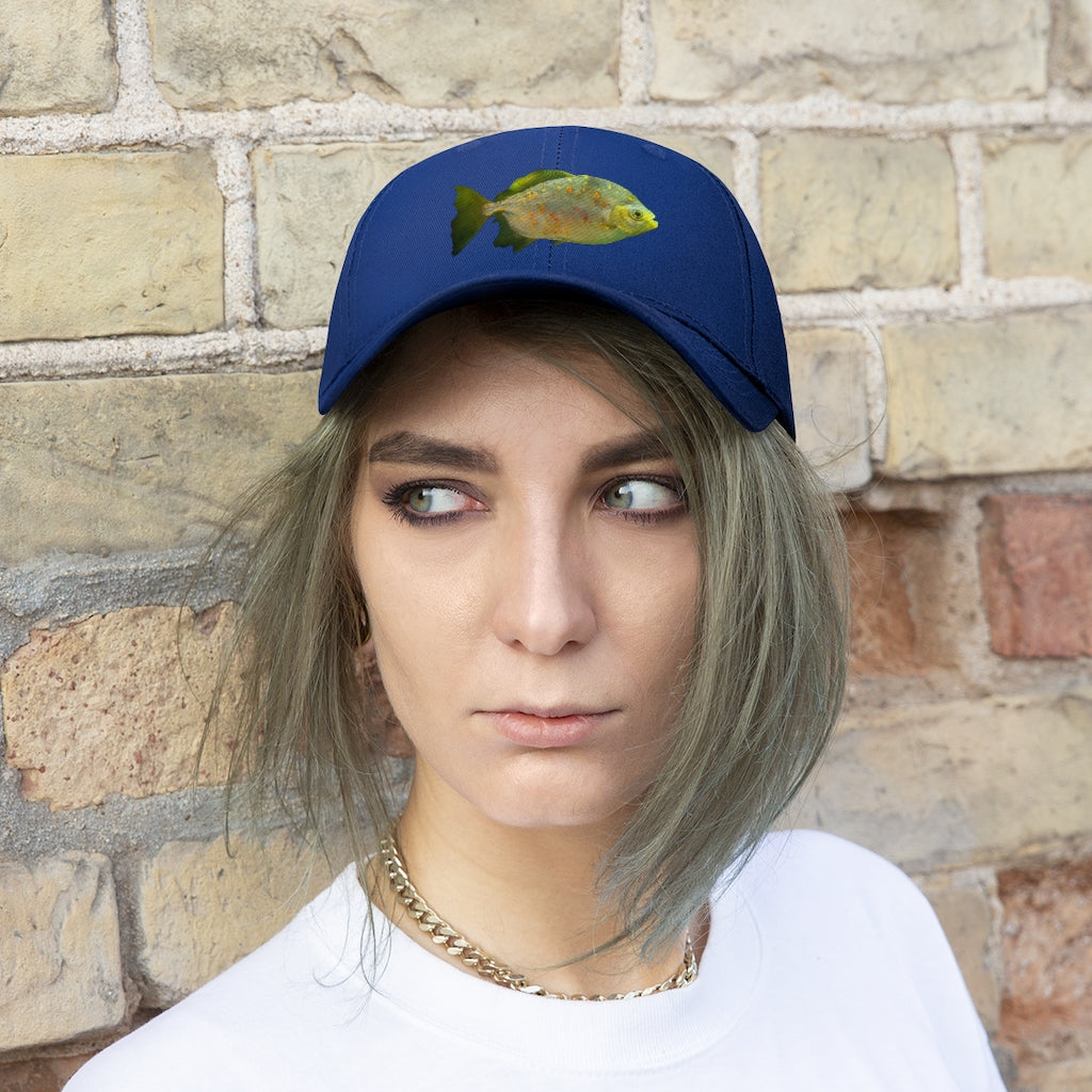 Green Fish with Specs Unisex Twill Hat featuring a playful fish graphic, made of 100% cotton twill with an adjustable Velcro closure.