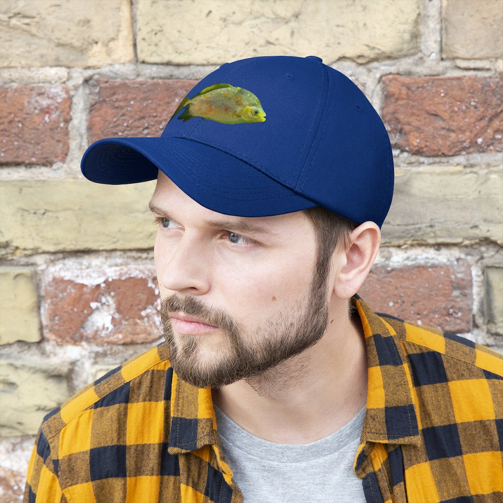 Green Fish with Specs Unisex Twill Hat featuring a playful fish graphic, made of 100% cotton twill with an adjustable Velcro closure.