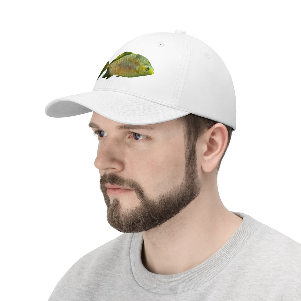 Green Fish with Specs Unisex Twill Hat featuring a playful fish graphic, made of 100% cotton twill with an adjustable Velcro closure.