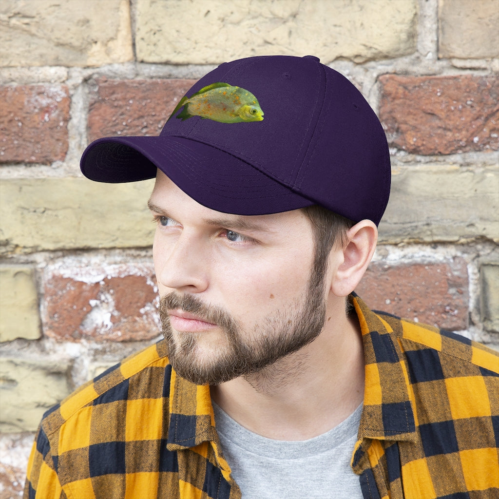 Green Fish with Specs Unisex Twill Hat featuring a playful fish graphic, made of 100% cotton twill with an adjustable Velcro closure.