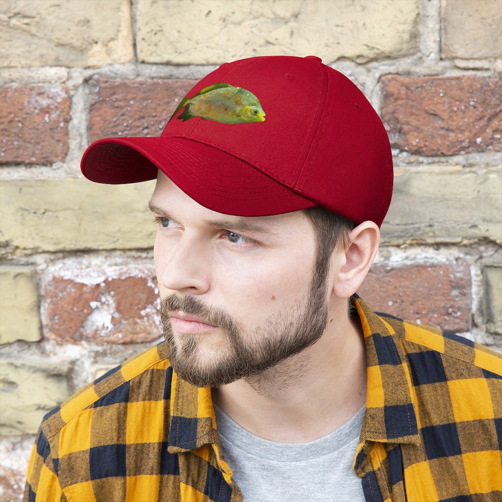 Green Fish with Specs Unisex Twill Hat featuring a playful fish graphic, made of 100% cotton twill with an adjustable Velcro closure.