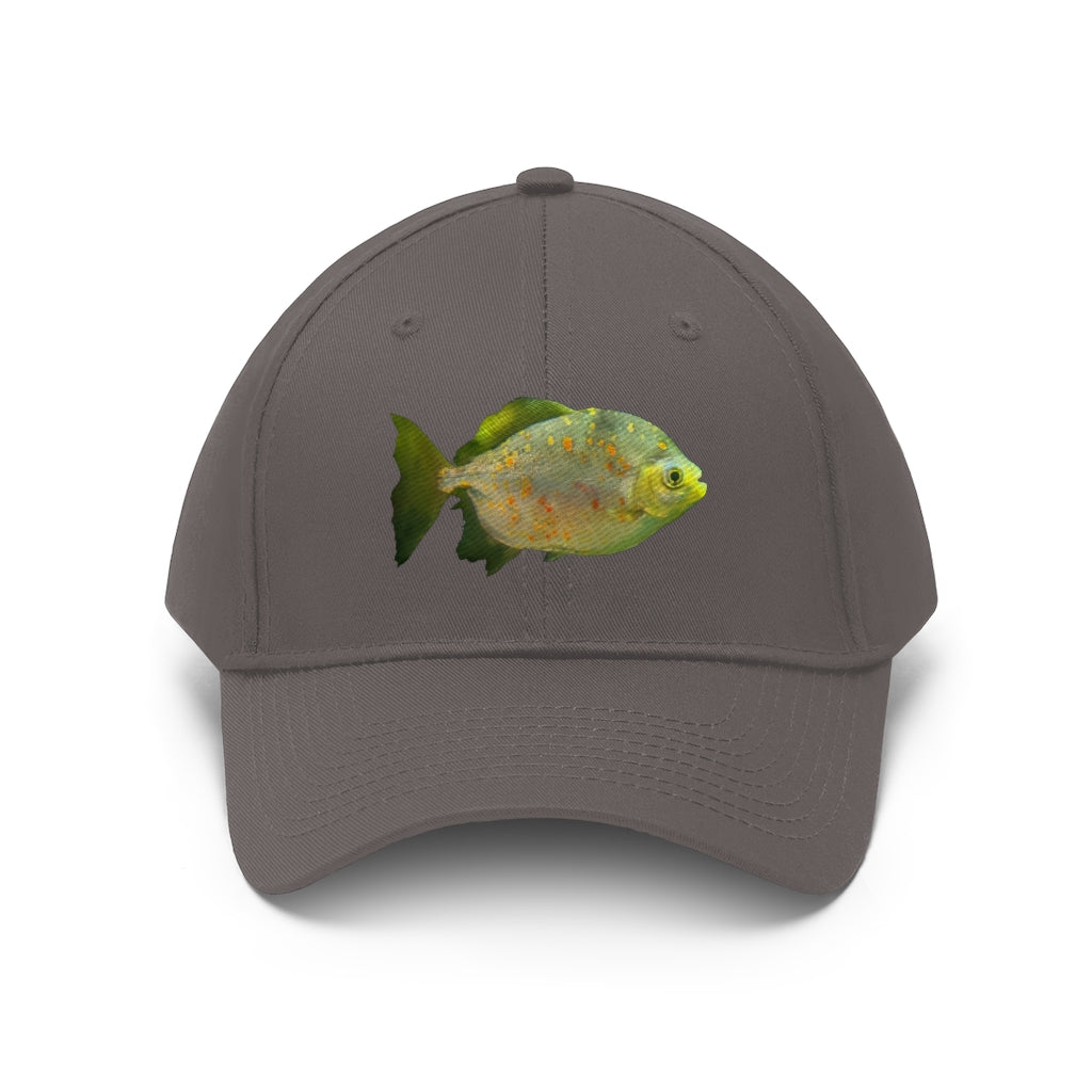 Green Fish with Specs Unisex Twill Hat featuring a playful fish graphic, made of 100% cotton twill with an adjustable Velcro closure.