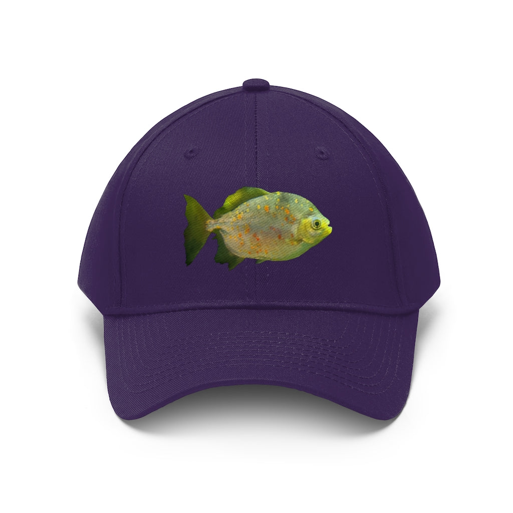 Green Fish with Specs Unisex Twill Hat featuring a playful fish graphic, made of 100% cotton twill with an adjustable Velcro closure.