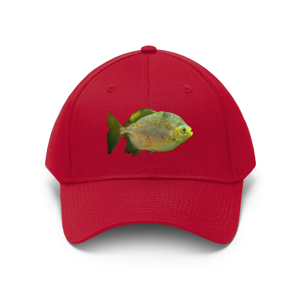 Green Fish with Specs Unisex Twill Hat featuring a playful fish graphic, made of 100% cotton twill with an adjustable Velcro closure.