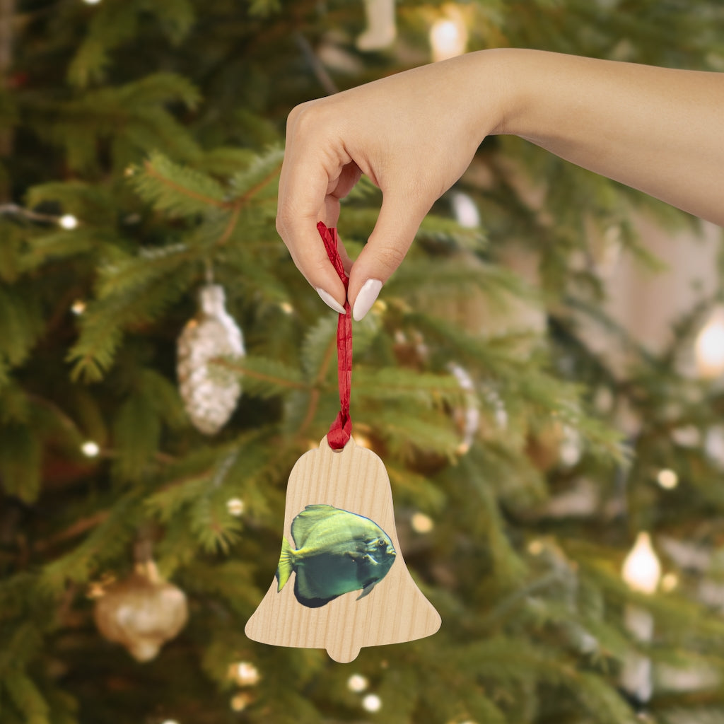 A collection of Green Fish Wooden Christmas Ornaments in various whimsical shapes, featuring a rustic wood finish and red ribbons for hanging.