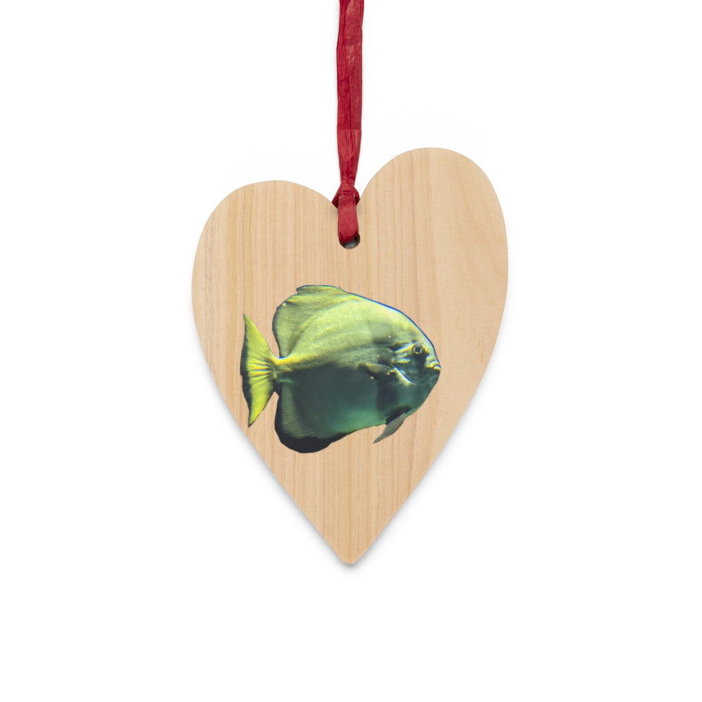 A collection of Green Fish Wooden Christmas Ornaments in various whimsical shapes, featuring a rustic wood finish and red ribbons for hanging.