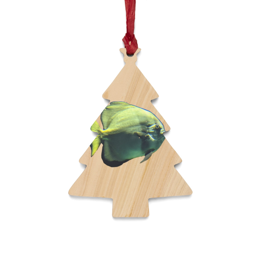 A collection of Green Fish Wooden Christmas Ornaments in various whimsical shapes, featuring a rustic wood finish and red ribbons for hanging.