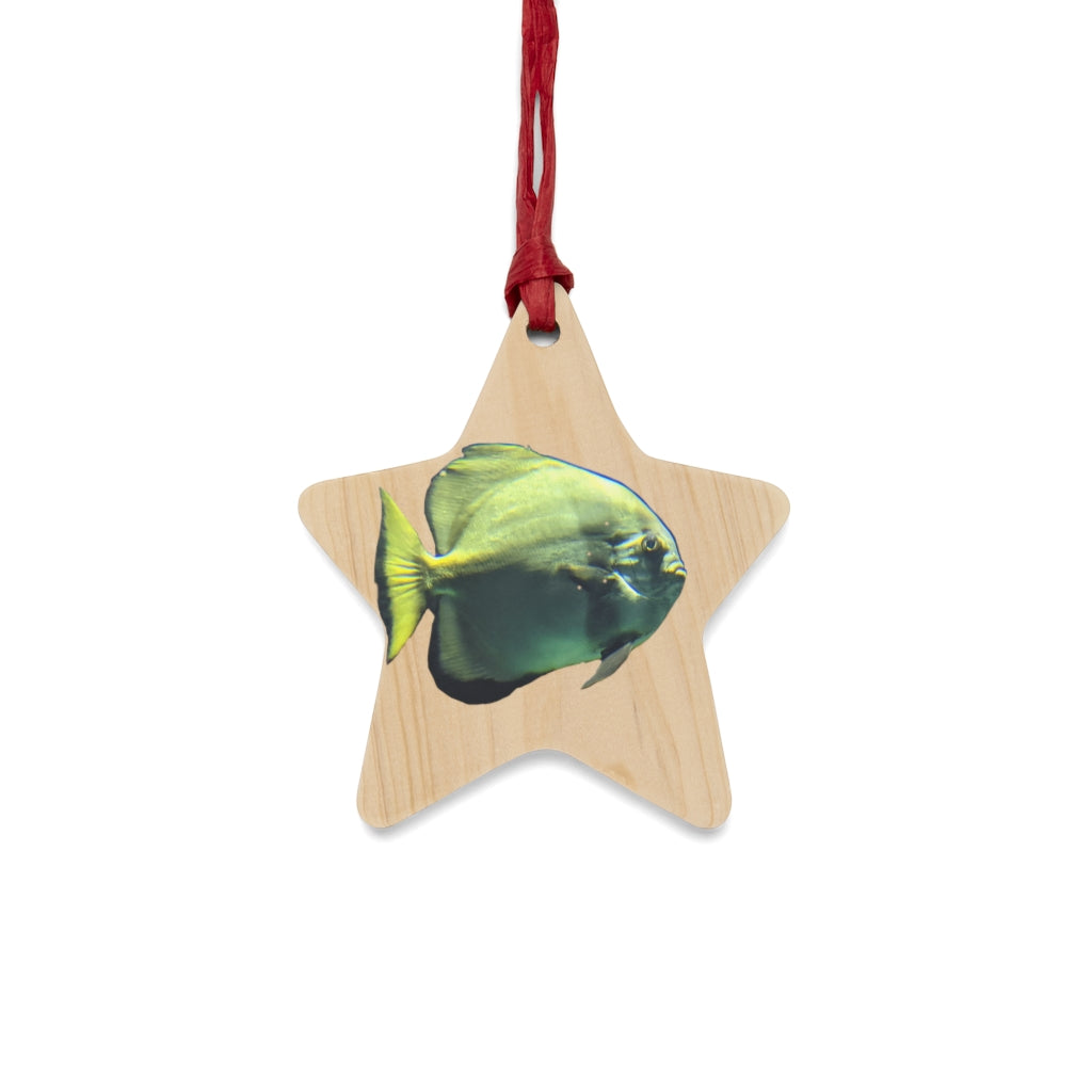 A collection of Green Fish Wooden Christmas Ornaments in various whimsical shapes, featuring a rustic wood finish and red ribbons for hanging.