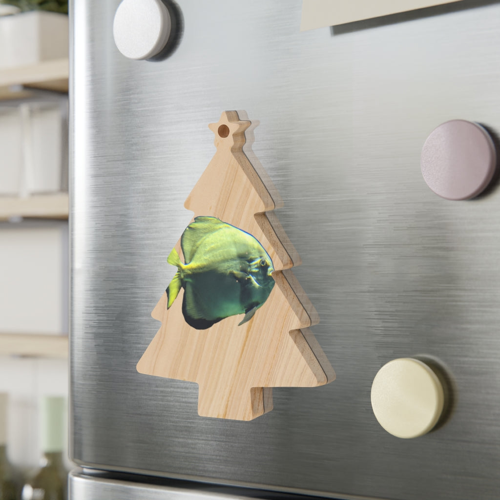 A collection of Green Fish Wooden Christmas Ornaments in various whimsical shapes, featuring a rustic wood finish and red ribbons for hanging.