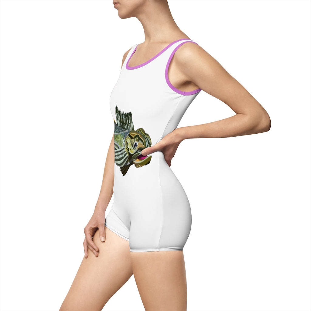 Green Fish Women's Vintage Swimsuit featuring a deep U-shape neck and customizable design, perfect for confident women.