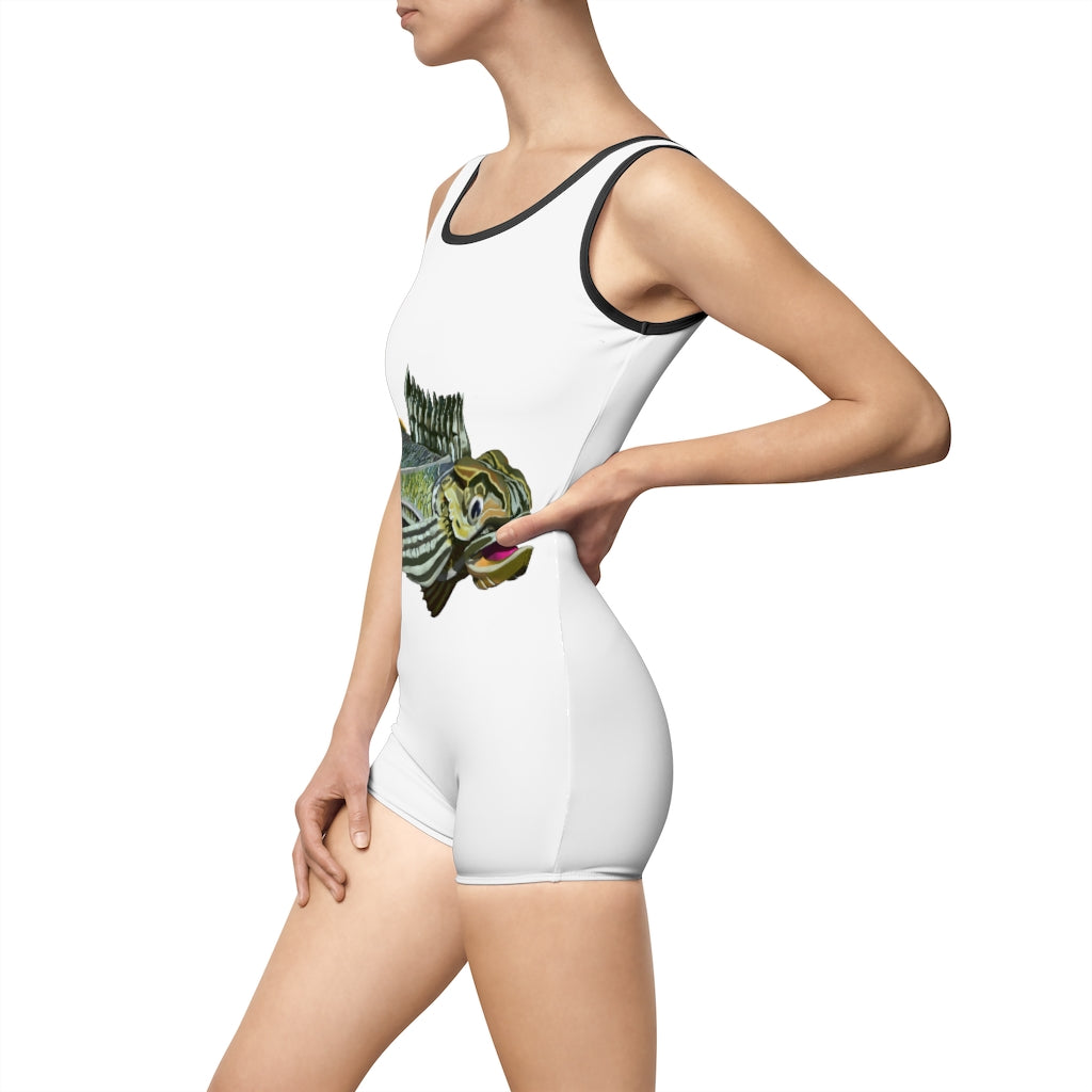 Green Fish Women's Vintage Swimsuit featuring a deep U-shape neck and customizable design, perfect for confident women.