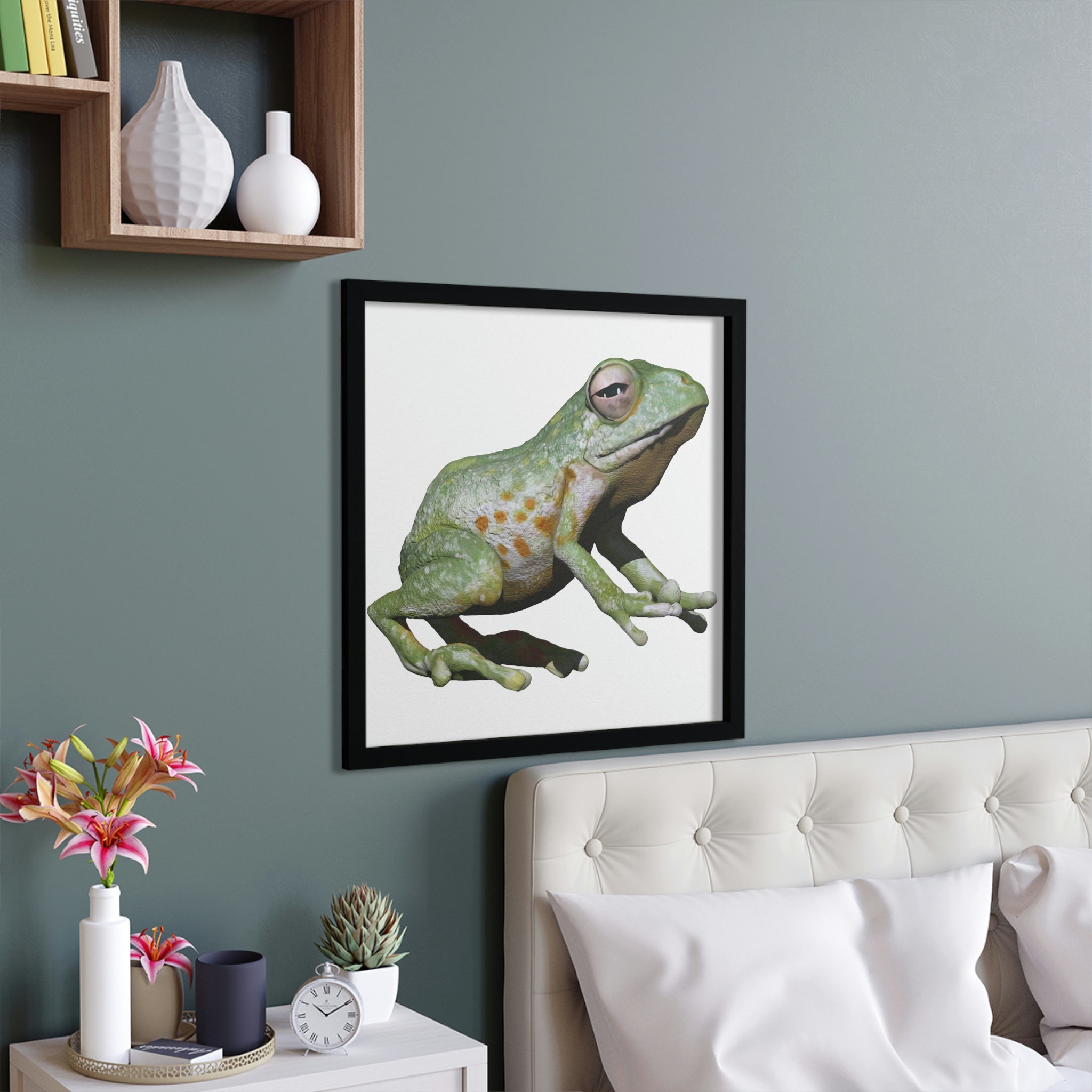 A beautifully framed poster featuring a vibrant green frog design, set in a hand-crafted wooden frame, ready for hanging.