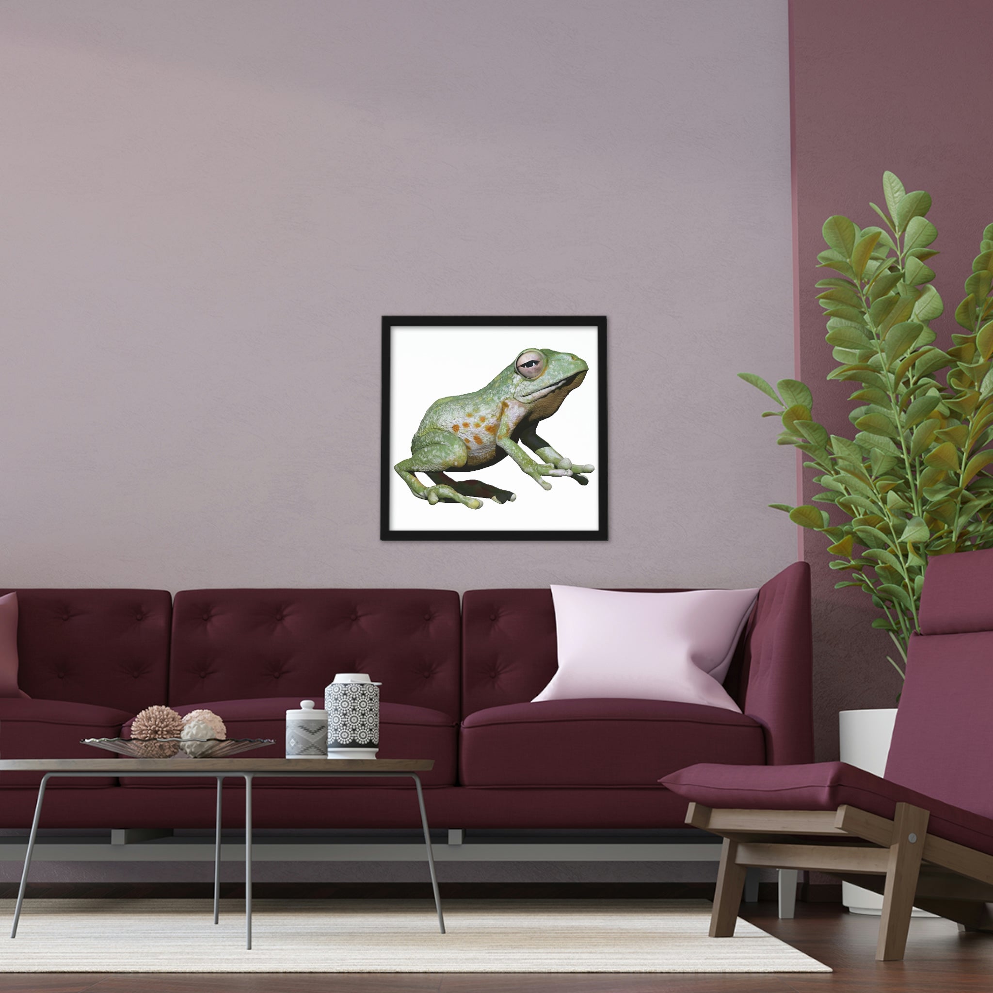 A beautifully framed poster featuring a vibrant green frog design, set in a hand-crafted wooden frame, ready for hanging.