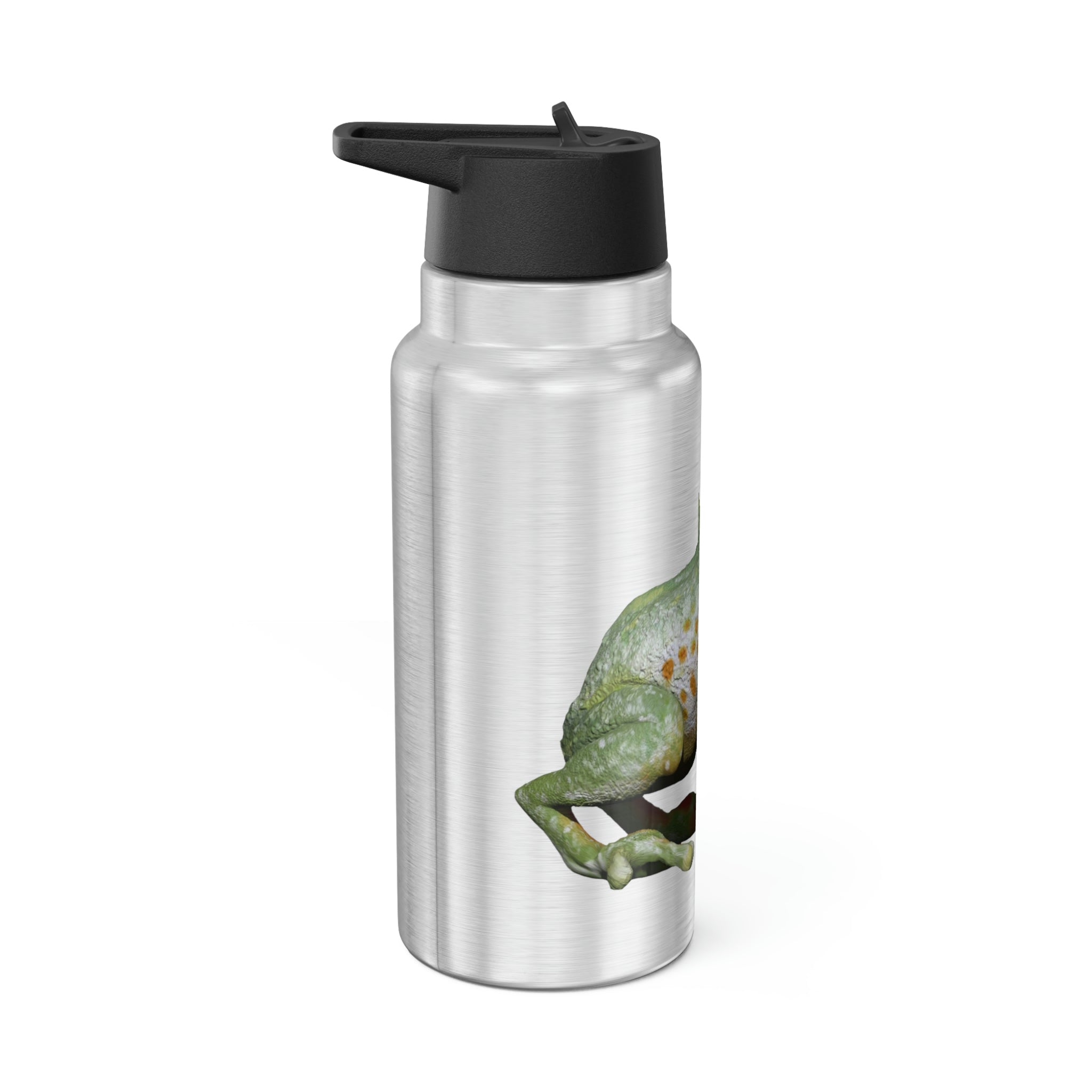 Green Frog Gator Tumbler, 32oz, made of stainless steel with a black screw-on cap and included plastic straw, showcasing a customizable design.