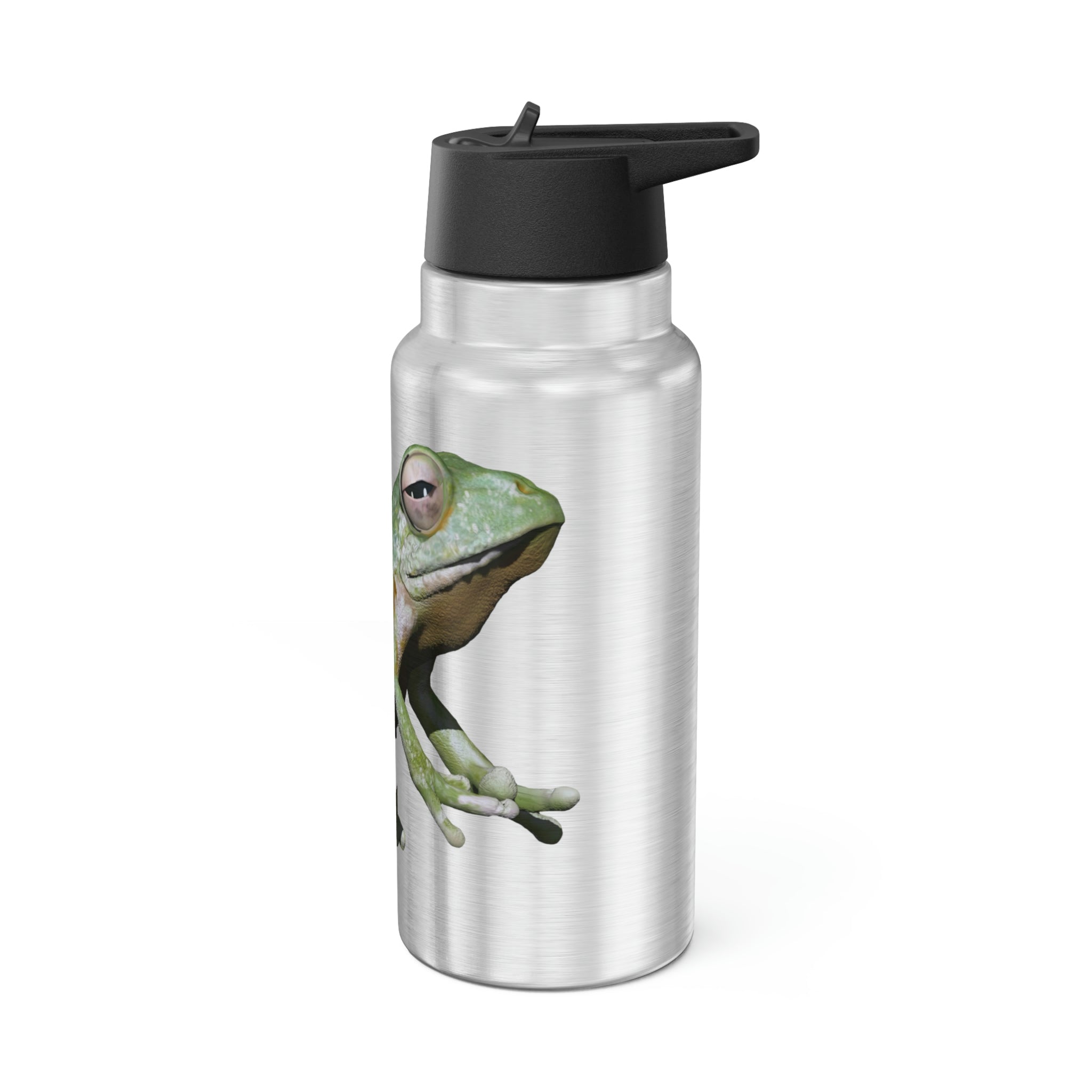 Green Frog Gator Tumbler, 32oz, made of stainless steel with a black screw-on cap and included plastic straw, showcasing a customizable design.