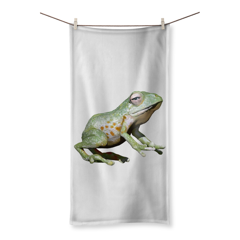 Green Frog Sublimation All Over Towel showcasing vibrant design on one side and soft cotton backing on the other.