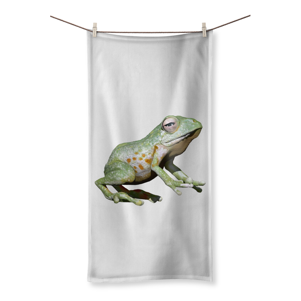 Green Frog Sublimation All Over Towel showcasing vibrant design on one side and soft cotton backing on the other.