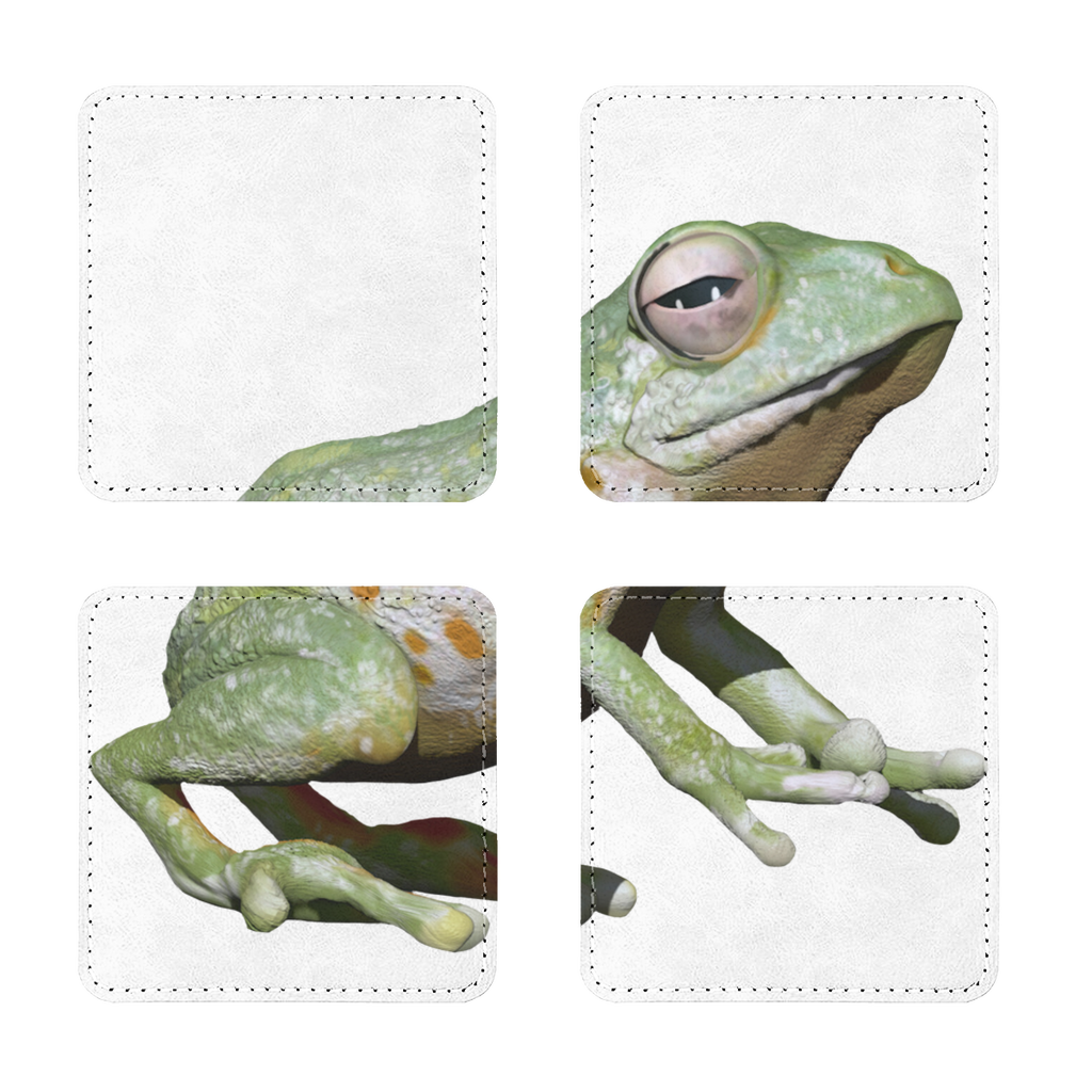 Pack of four Green Frog sublimation coasters made of PU leather, featuring a white printable face and elegant white stitching.