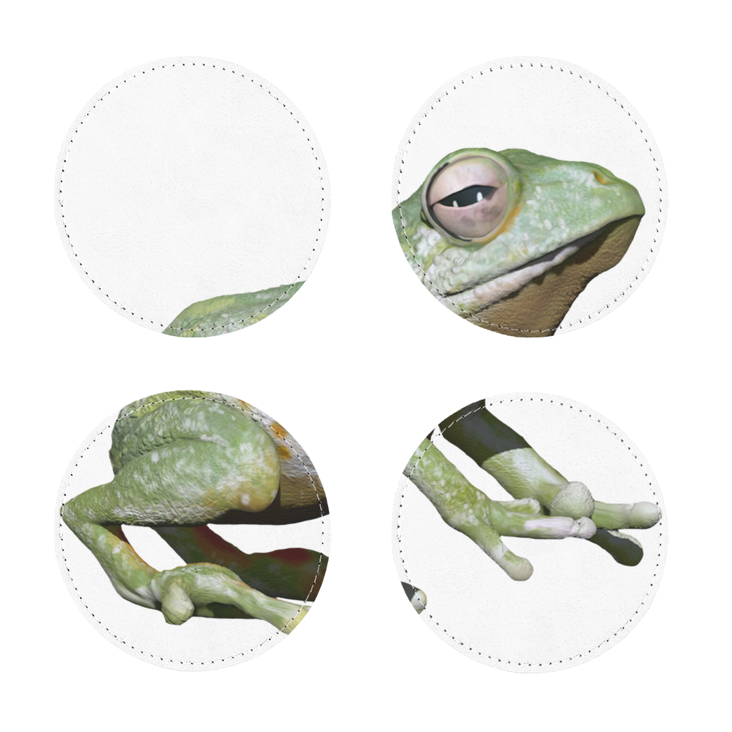 Pack of four Green Frog sublimation coasters made of PU leather, featuring a white printable face and elegant white stitching.